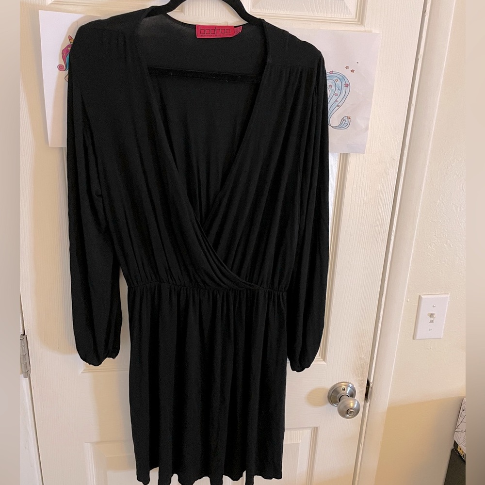 Boohoo Size 16 Black Wrap Minidress with Balloon Sleeves